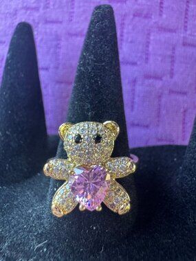 Gold Filled CZ Teddy Bear Ring with a Pink Heart | Sparkling Pavé Size 8 - New
